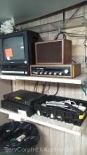 Lot on Shelves of Samsung VHS/Tube TV, 3M Satellite Receiver Video, Galaxy 4 Satellite Network