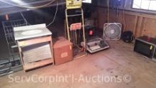 Lot of Various Display Stands, Box Fans, Bathroom Sink, O'Keefe Microwave, Sears Mimeo Printer,