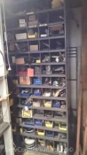 Lot of Metal Cubby Shelf with Contents of Various Nuts, Bolts, Screws, Electric Belt Sander, Shampoo
