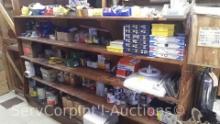 Lot on Wooden Shelves of Various Screws, Electrical Fittings, Fuses, Gate Valves, Bolts, Gas Lines,