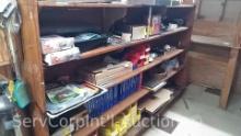 Lot on Shelves of Food Trays, Picture Frames, Costume Jewelry, Vases, Plastic/Cardboard Acro Bins,