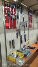 Lot on Peg Board and Shelf of Various Combination Wrenches, Vise Grips, Lineman Pliers, End Nippers,