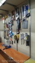 Lot on Peg Board and Shelf of Various Hack Saws, Hacksaw Blades, Staples, Hex Keys, Chainsaw Files,