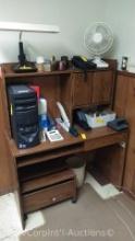 Lot of Desk with Contents: Dell PC, Printer Cart, Lamp, Personal Fan, Staplers, Tape Dispensers,