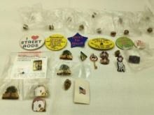 ASSORTED LAPEL PINS. FARMFEST 90, AUSTIN GROWING TOGETHER, USA FLAG, LOCAL POLITICAL PINS AND