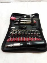 MARLBORO SOFT SIDE SOCKET SET AND SCREWDRIVER SET WITH OTHER MISC TOOLS. ZIPPER DOES WORK.