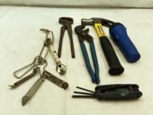 MISC BOTTLE OPENERS,HAMMER, FLASHLIGHT (DOES WORK), WRENCHES AND SNIPPER.