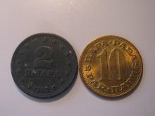 Foreign Coins: Yugoslavia 1945 (WWII) 2 & 1965 10 Dinaras