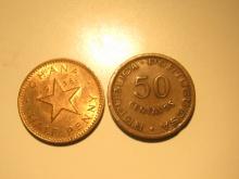 Foreign Coins: 1952 Ghana 1/2 Peeny & 1952 Guinee 50 Centavis