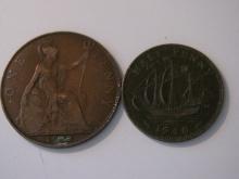 Foreign Coins: Great Britain 1922 Penny & 1940(WWII) 1/2 Penny