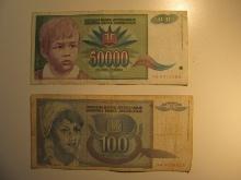 Foreign Currency: 1992 Yugoslavia 100 & 1992 50,000 Dinaras