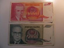 Foreign Currency: 1992 Yugoslavia 1,000 & 1992 5,000 Dinaras