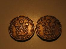 Foreign Coins: 1942 (WWII) & 1943 (WWII) Great Britain 3 Pences