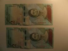 Foreign Currency: 2xVenezuela consecutive Serial #  2 Bolivares (UNC)