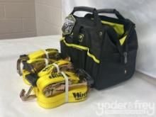 Unused 2" X 27' Tuff Tow Ratchet Straps c/w 14" Professional Tool Bag (4 pieces)