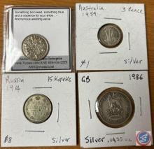 Silver 1930 Six Pence, 1959 Australia Three Pence, 1914 Russian 15 Ruble, and 1936 Shilling