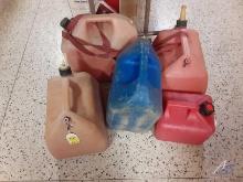 (4) gasoline cans and (1) kerosene can