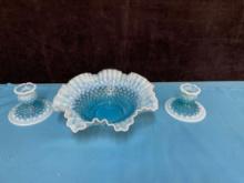 Fenton blue hobnail ruffled bowl and two candlesticks