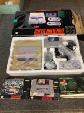 Super Nintendo SNES Mario world console in box, 2 controllers (one does not work) and games