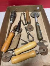 Antique tools, screwdrivers, rollers, wrench, etc.
