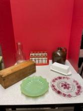 Vintage kitchen lot, including milk bottle, crock jug, milk glass spice set Jadeite plate and more