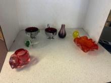 Beautiful art glass lot. sterling and Ruby cups, purple vase, yellow and swan paperweight, cat dish