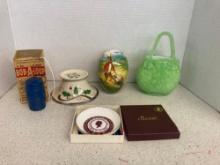 CoalPort Queen Elizabeth Trinket dish, art glass purse, more