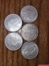 Lot Of 5 1886, 1889, 1898, 1921 Vintage Morgan Peace Silver Dollar Coins