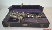 Antique 1920s Buescher Silver Plate True Tone Low Pitch Curved Soprano Saxophone With Case Measures