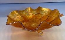 Vintage Marigold Carnival Glass Ruffled Footed Bowl