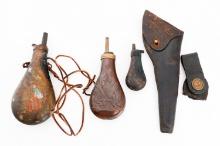 19th C. US LEATHER HOLSTER & POWDER FLASKS