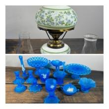 Lot of Vintage Blue Westmoreland Glass and Vintage Hurricane Lamp