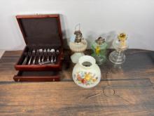 Vintage Silverware and 3 Vintage Oil Lamps