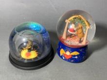 Two Snow Globes - Moon Snow Globe Plastic Dome & Santa with Reindeer Globe Glass