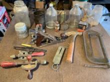 Group of Vintage Tools & Items - Hatchet, Vintage Canning Jars, Spring Scale, Hand Plane, Hand Drill