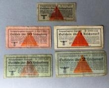 WWII Nazi German Lot of Five Prisoner of War Reichsmark Notes