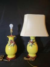 Pair of vintage oriental floral pottery lamps, 1 without shade
