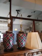 Pair of matching ceramic lamps with brass trim, 1 lamp shade