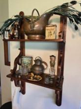 Early Wall Shelf with Contents, Shakers, Copper Scuttle, Tins and more