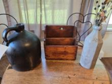 Brown Gallon Crock jug, Wooden wall pocket, Dr. Cronks Barsaparilla Beer Jar