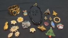 Vintage Costume Jewelry Glass bead necklace and Christmas pins