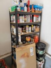 Contents of garage shelf, paints, fluids, refrigerant, filters