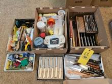 3 Boxes of Kitchen Items - Knife Sets, Utensils, Cups, & Baking Items