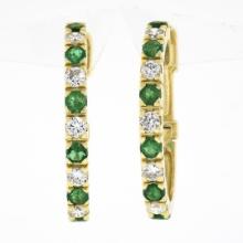 18K Gold 2.74 ctw Alternating Round Diamond & Emerald Oval Hoop Huggie Earrings