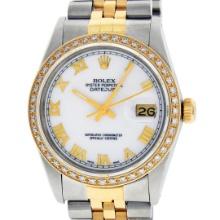 Rolex Mens 2T Yellow Gold And Steel White Roman Diamond Bezel Datejust Wristwatc