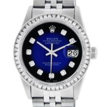 Rolex Mens Stainless Steel Blue Vignette Princess Cut Diamond Bezel Datejust Wri