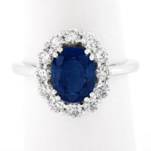 NEW 18k White Gold 3.39 ctw SSEF Oval Sapphire & Diamond Halo Engagement Ring