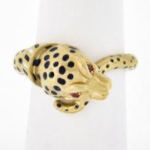 Vintage 18k Gold Ruby Eyes Detailed Blue Enamel Dot Spotted Leopard Serpent Ring