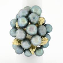 14k Yellow Gold Bluish Gray Pearl w/ Etched Leaf Large Cluster Cocktail Ring