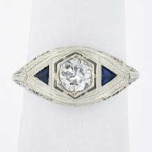 Antique Art Deco 18k Gold Old European Diamond w/ Sapphire Floral Filigree Ring